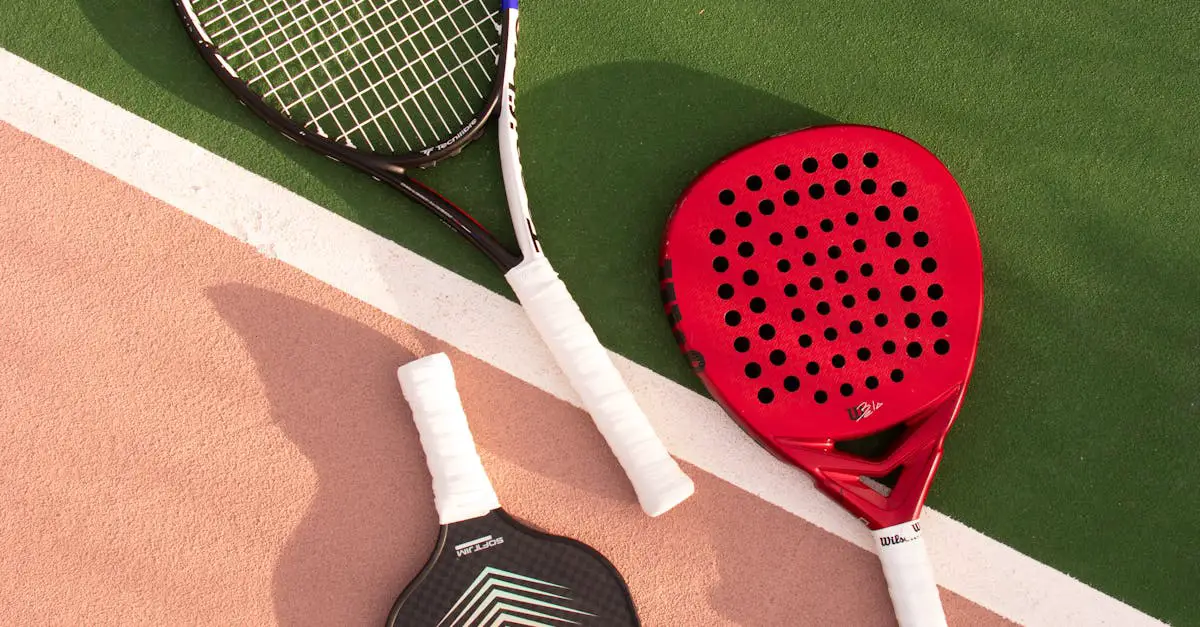 Three sports rackets—one tennis racket, one red padel racket, and one black pickleball paddle—lying on a court divided by a white line.