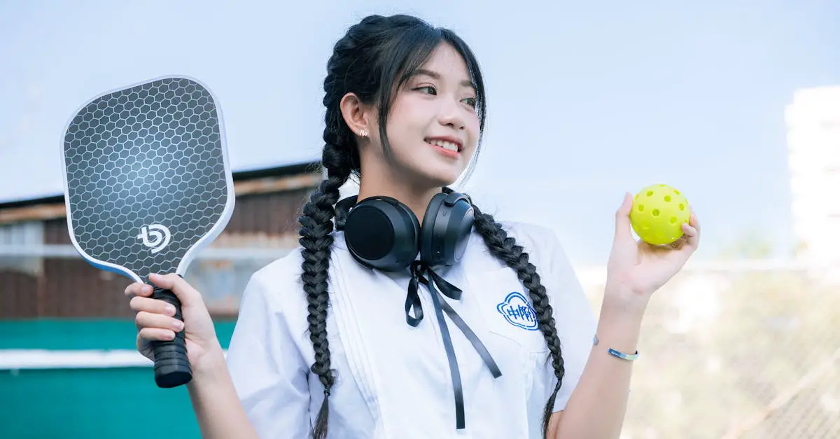 A young woman with braided hair holds a pickleball paddle and a yellow ball, wearing headphones around her neck and a white shirt, standing outdoors.