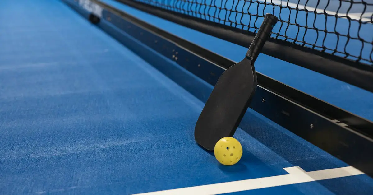A black pickleball paddle rests against a net on a blue court with a yellow perforated pickleball on the ground nearby.