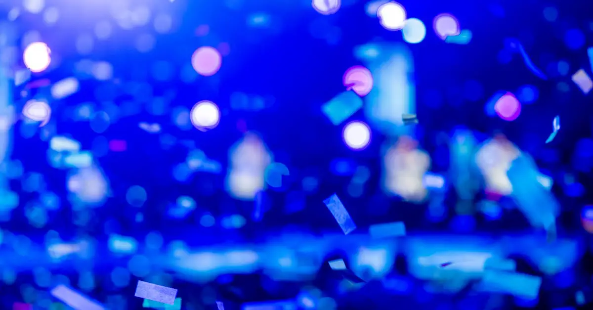 Blue background with bokeh lights and floating confetti pieces, creating a festive atmosphere.