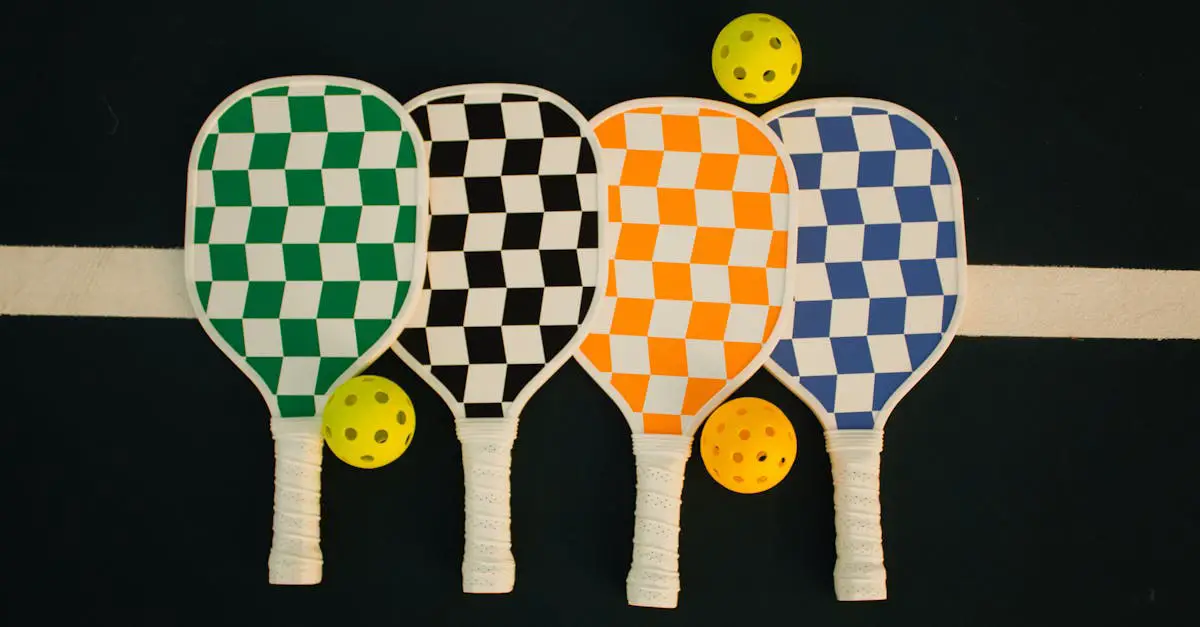 Four checkered pickleball paddles in green, black, orange, and blue are arranged side by side on a court with two yellow pickleballs nearby.