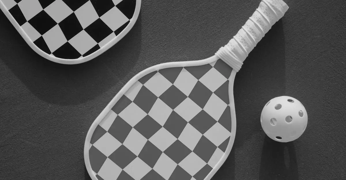 Two pickleball paddles with checkered patterns and a perforated plastic ball are placed on a flat surface.