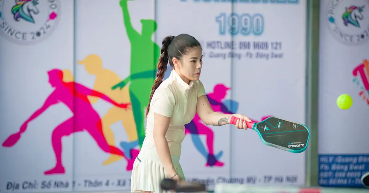 A woman wearing a white outfit plays pickleball indoors, preparing to hit a yellow ball with a paddle; colorful silhouettes are visible on the wall behind her.