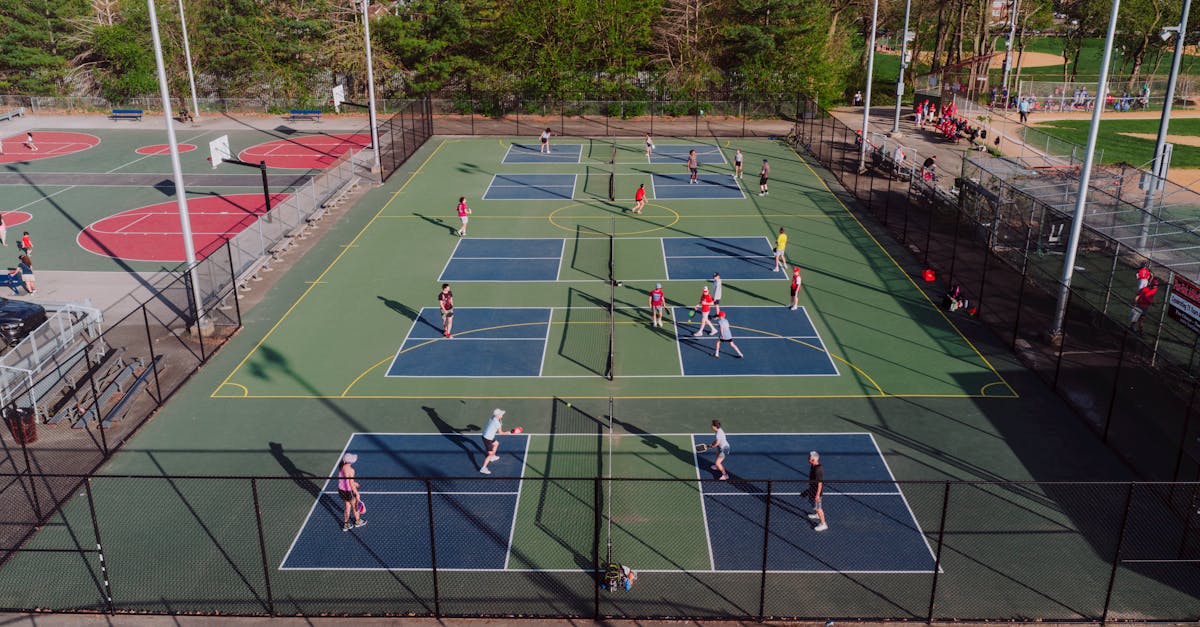 Aerial view of multiple people playing pickleball and basketball on outdoor courts surrounded by fencing and trees.